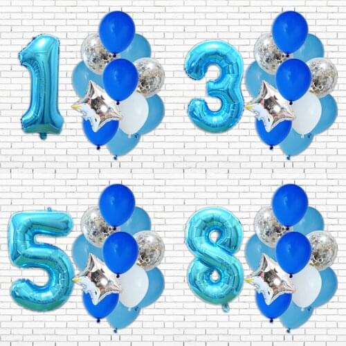 12pcs/set Blue Number Foil Mixed Latex Balloon Anniversary Birthday Party Decoration 1th Year Birthday Decor Baby Shower Balloon