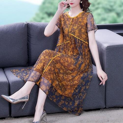 2021 Floral Chiffon Mesh Casual Beach Midi Dress Summer Vintage Loose 5XL Plus Size Dress Elegant Women Bodycon Party Vestidos