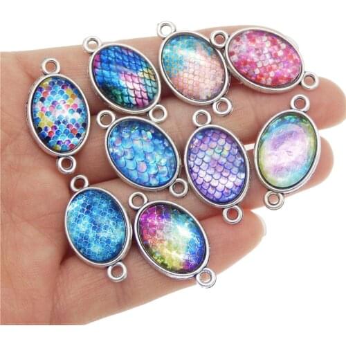 5pcs Colorful Alloy Tray With Fish Scale Glass Cameo Charms Round Oval Bracelet Connector DIY Handmade Bangle Making Accessory