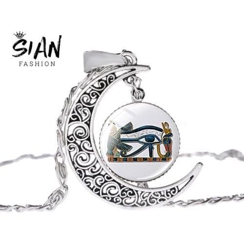 SIAN New Egyptian Gods Power Eye Necklace Eye Of Horus Glass Dome Pendant Crescent Shape Necklaces Handmade Women Amulet Choker