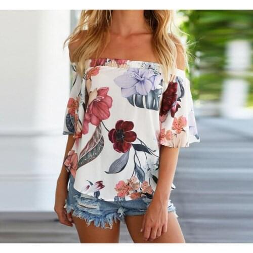 Summer Off Shoulder Floral Blouse Women Tops Short Sleeve Shirt Women Office Lady Blouse Fashion Blusas Chemise Femme plus siz