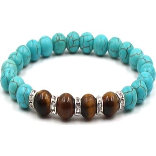 8MM Turquoise Tiger Eye Gemstone mala Bracelet 7.5 inches Yoga Tibet Silver Meditation Wrist Pray energy Spirituality