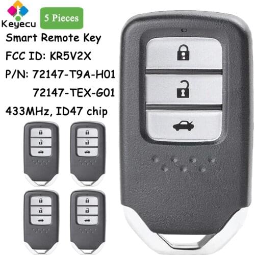 KEYECU 5 Pieces for Honda City Civic Jazz Grace Fob 3 Buttons 433MHz Smart Remote Car Key KR5V2X 72147-T9A-H01 / 72147-TEX-G01