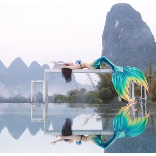 Mermaid super long tulle tail sequined swimsuit bra with Monofin swimming summer aquarium outdoor photo cosplay custom costume