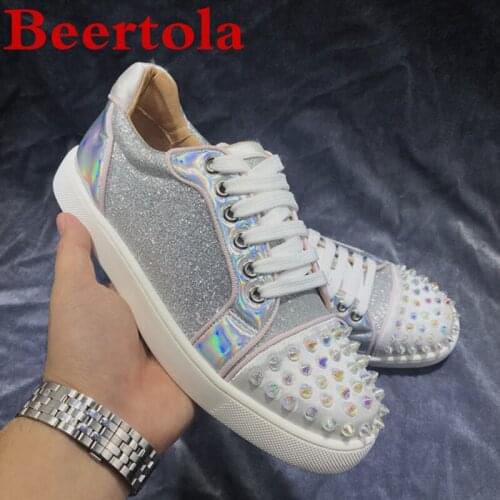 New Sliver Sequin Casual Mens Shoes Patchwork Shiny Lace Up Colorful Spikes Studded Head Low Top Leisure Style Flats Shoes Men