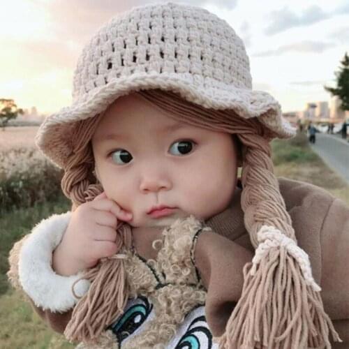 Soft Warm Baby Children Knitted Hat Cute Wig Big Braid Kids Girls Boys Princess Hat Birthday Party Costumes Hats 48-52cm