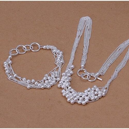 N925 Printed Silver-plated Jewelry Hot Wedding Jewelry Ladies Six-String Sand Bead Bracelet Necklace 2-Piece Set Free Shipping