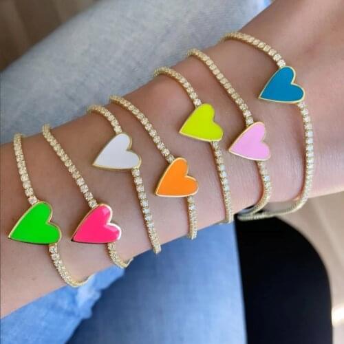 2021 Summer new white Green Red Blue colorful Heart Bracelet with Tennis Chain for Women girl charm rainbow neon Fashion Jewelry