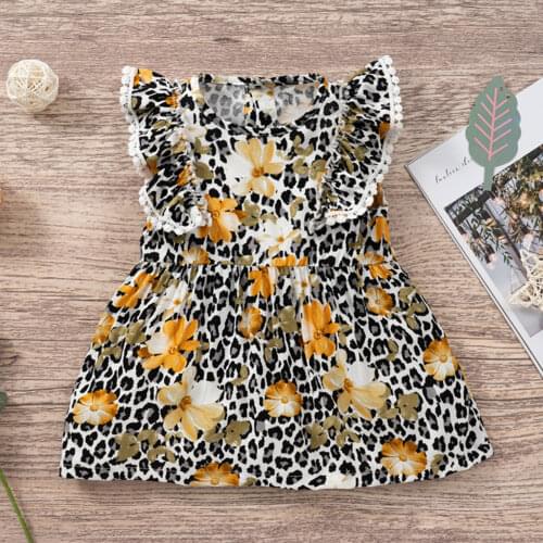 Infant Leopard Dress, Baby Flower Pattern Fly Sleeve Round Neck Lace Trim One-piece Dress