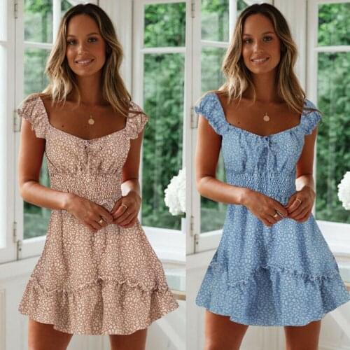 Hirigin Women Summer Floral holiday mini dress Sexy sleeveless Ruffles Strapless A-line bandage boho sundress Elastic vestidos