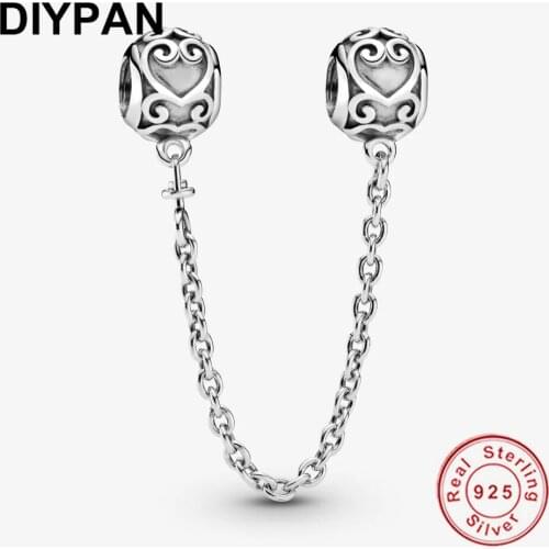 Fit Original Pandora Bracelet Charm 925 Sterling Silver Ornate Hearts Safety Chain Charm Bangle Beads Women Jewelry Berloque