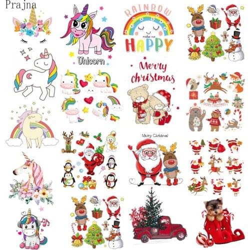 Prajna Iron On Transfer Cartoon Christmas Patch Heat Transfer Vinyl Unicorn Patch Thermal Sticker stripe Christmas Car applique