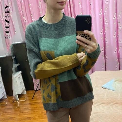 BoozRey 2021 Fell Women Vintage Leopard Pullover and Sweaters Patchwork Brown Knit Jumpers Loose Styler Korean Slim Pull Jumpers