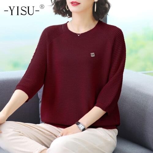 YISU O-Neck Middle sleeve Sweater Summer Solid color TopS Loose Thin Femalet Knitted Jumper summer clothes for women