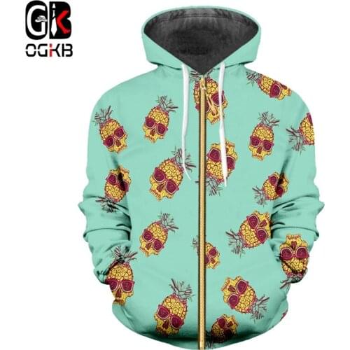 OGKB Funny Hoodies With Zip New Harajuku Women/mens Print Pineapple With Glass 3D Sweatshirt Unisex Long Sleeve Cardigan Jacket