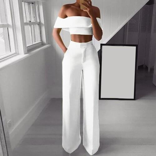 Lady Neon Green 2 Piece Set Women Outfits Solid Off The Shoulder Crop Top And Wide Leg Pants 2021 Sexy Summer Two Piece Suits