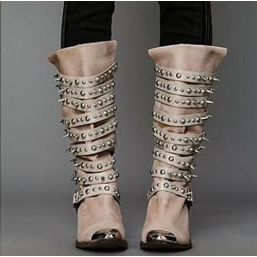 Botas Mujer Studded Seattle Western Cowboy Boot Black Genuine Leather Thigh High Rain Biker Combat Boots Motorcycle Shoes