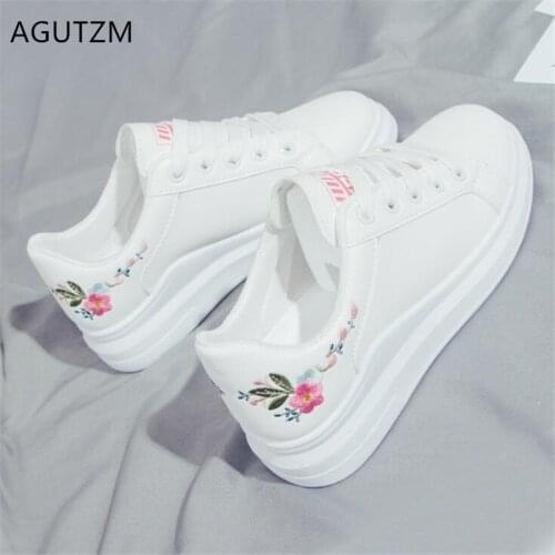 AGUTZM Woman shoes spring White comfortable Sneakers Breathable Flats Lace-up Flower woman Casual Shoes Zapatillas Mujer A01