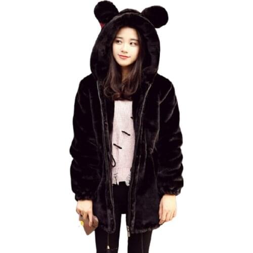 Women Winter Fleece 3D Bear Ears Hooded Coat Bomber Drawstring Jacket Faux Mink Fur Velvet Plush Cardigan Zipper Streetwear Tops