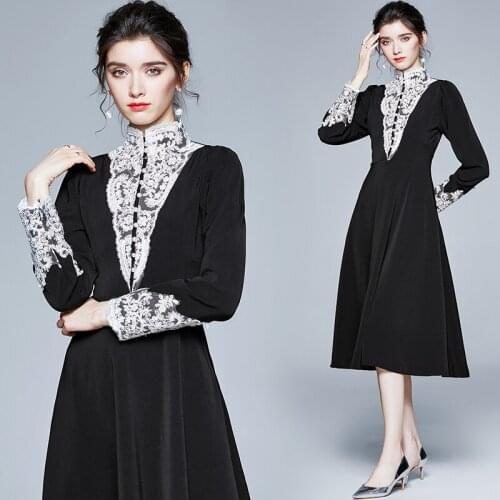 ZUOMAN Women Autumn Winter Vintage Dress Festa High Quality Long Elegant Party Robe Femme Lace Designer A-line Black Vestidos