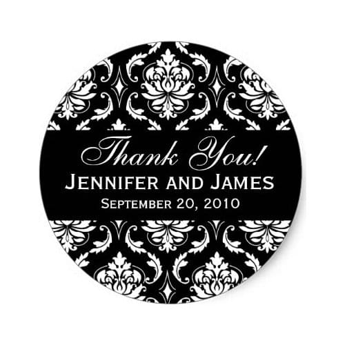 3.8cmBlack and White Wedding Damask Thank You Label Classic Round Sticker
