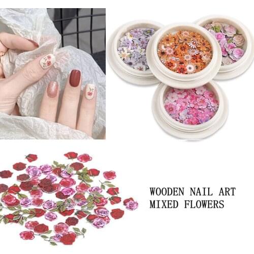 50pcs/box 3D Nail Rhinestones Flower Mix Wood Pulp Piece Small Daisy Rose Nail Art Dry Flower Patch Decor Manicure Sticker Tool