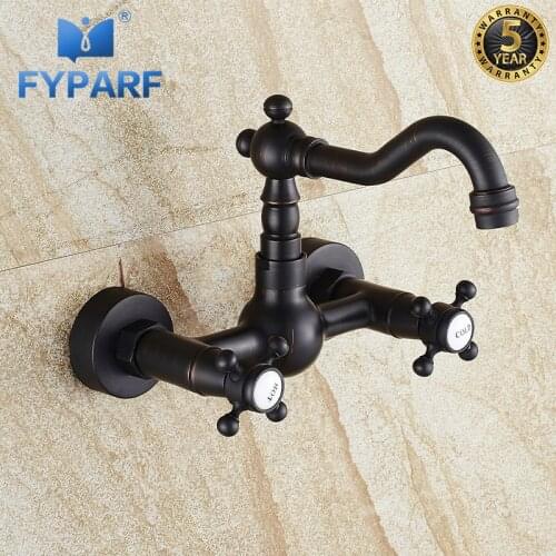 FYPARF Black Oil Rubbed Bronze Brass Wall Mounted Basin Faucet Dual Handle 360 Swivel Spout Bathtub Faucet Cold Hot Sink Faucets