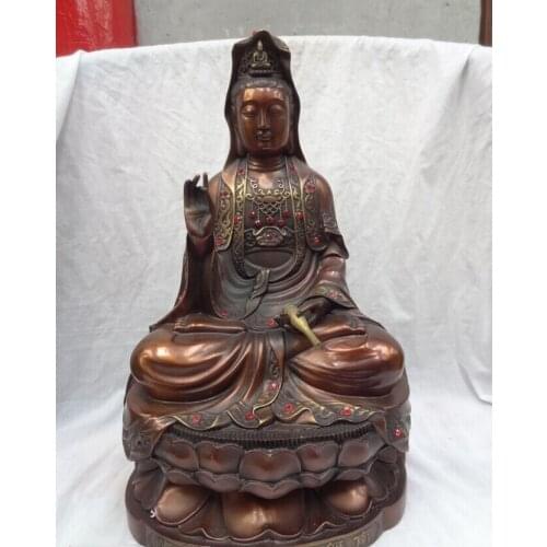 Fast shipping USPS to USA S1638 18" China Pure Bronze Lotus Kwan-Yin Buddha Joss QuanYin Bodhisattva Pot Statue