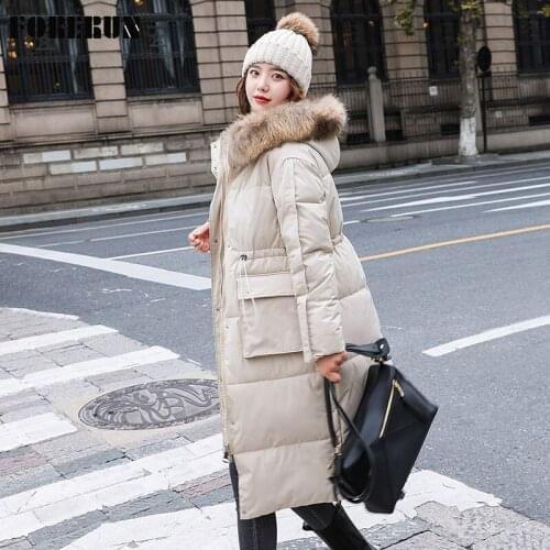 FORERUN Long Womens Winter Coats 2021 Faux Fur Hooded Slim Waist Cotton Padded Elegant Parka Mujer Manteau Femme -35centigrade