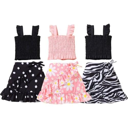 Citgeett Summer Kids Girls Set Fresh Solid Color Suspender Tops and Printed A-line Short Skirt Clothes Set