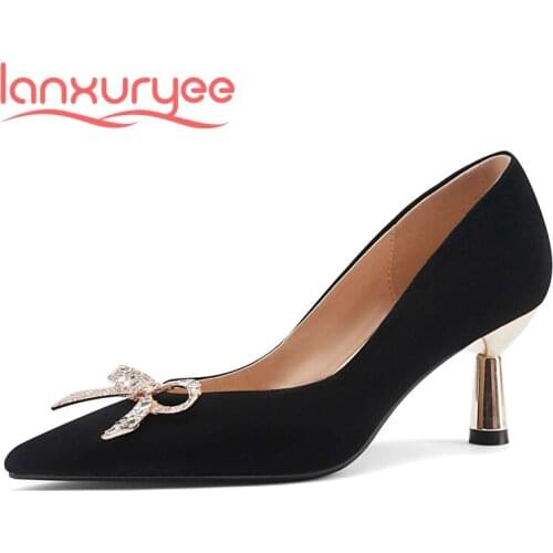 Lanxuryee sheep suede pointed toe high heels butterfly-knot rhinestone gorgeous beauty lady evening party sexy women pumps L10