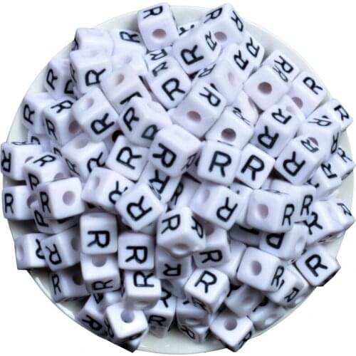 Mini Order 50Pcs Plastic Acrylic Letter Beads Single Initia lR Printed White Plastic Alphabet Letters Jewelry Cube Square Beads