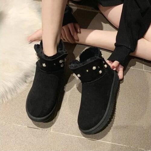 Fashion Thick Fur Women Outdoor Pearl Style Snow Boots Round Toe Waterproof Female Flat High Top Winter Sewing Snow Boots Mujer