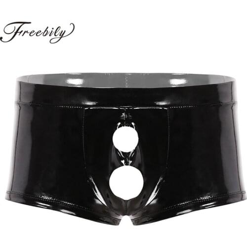 Mens Wet Look Patent Leather Sexy Lingerie Low Rise Bulge Pouch with Open Pennis Holes Boxer Briefs Shorts Homme Male Underwear