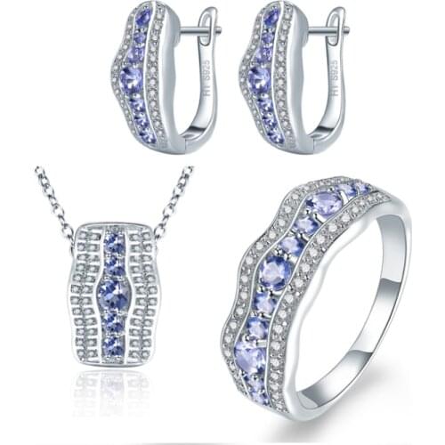 Hutang Stone Jewelry Sets 100% Natural Gemstone Tanzanite 925 Silver Earrings Pendant Ring Classic Design for Women Great Gift