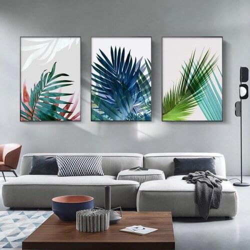 Nordic Wall Art Poster Gray and Green Palm Leaf Plants Canvas Prints Living Room Scandinavia Painting Bedroom Decoration Picture
