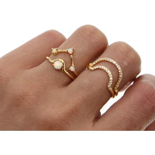 2021 New 1 Set 4 pcs Womens Rhinestone opal wave ring Knuckle Midi Mid Finger Tip Stacking Rings gold color delicate thin ring