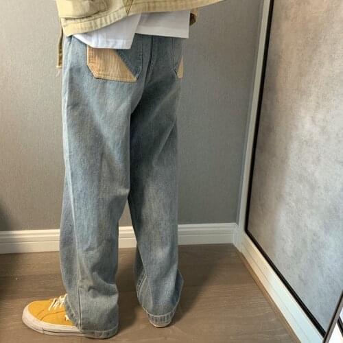 New Hong Kong style autumn brand loose straight patch handsome Denim jeans curled edge mopping trousers lazy wind jeans