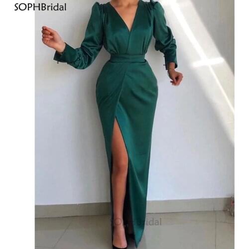 New Arrival Mermaid Slit Evening Dress 2021 Emerald Green Satin Long Prom Dresses Women Arabic Dubai Formal Party Gowns Vestidos