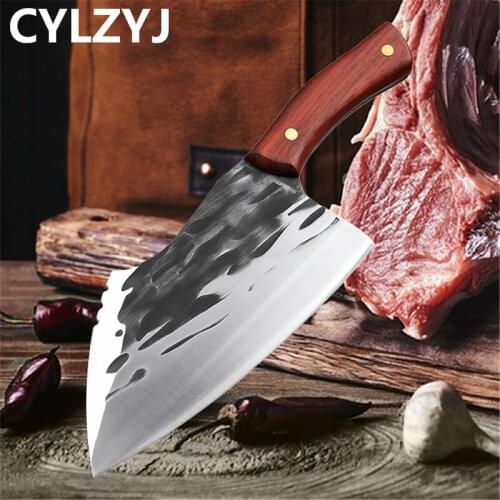 Forged Stainless Steel Knife Household Hammered Kitchen Knife Chinese Kitchen Chopping Knife Wooden Handle Meat Slicing Knife