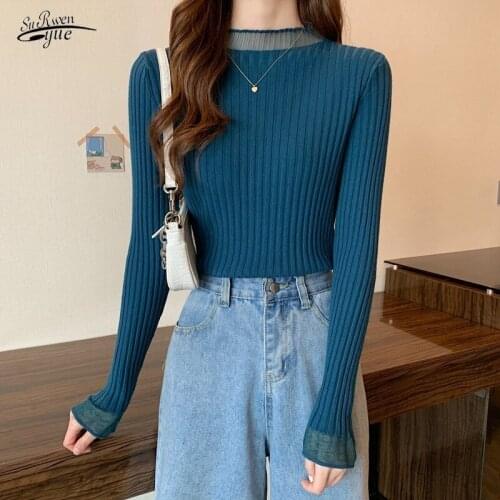 Fall 2021 Sweaters for Women Stitching Mesh Half-high Sweater Collar Flared Sleeve Sweater Soft Slim Bottoming Sweater 16753