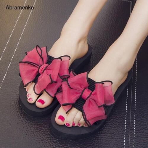 Sandals Flip Flops Women Platform Yarn Flower Black Sandal Comfortable Bow Open Peep Toe Sandals Women Slippers Plus Size 35-42