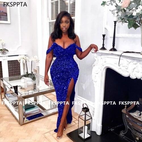 Sexy Royal Blue Prom Dresses Long Sequins Sparkly Party Gowns For Black Girls Off The Shoulder Side Slit Wedding Party Dress
