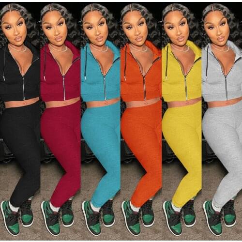 Women Solid Full Sleeve Hooded Collar Zipper Up Crop Tops and Pencil Pants Two 2 Piece Sets Outfits High Street Wear Tracksuit