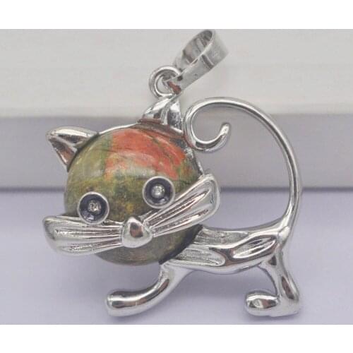 Unakite Epidote Stone GEM Pendant Lovely Cat Animal Jewelry For Gift S3236