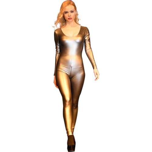 XXL Plus Size Round Neck Long Sleeve Zipper Open Crotch Bodysuit PU Faux Leather Rompers Womens Jumpsuit Set Bodystocking Overol