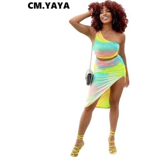 CM.YAYA Women Print One Shoulder Sleeveless Crop Tops Asymmetrical Knee Length Skirts 2 Piece Sets Sexy Fashion Outfit Summer