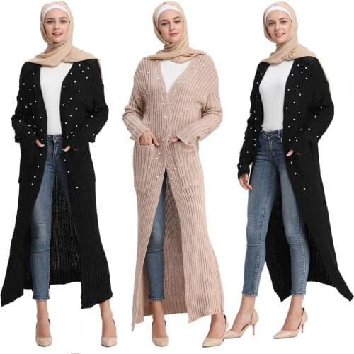 Women Winter Warm Knitted Long Cardigan Muslim Abaya Kimono Islam Bead Pocket Thicken Sweater Jumper Dress Dubai Turkey Jilbab