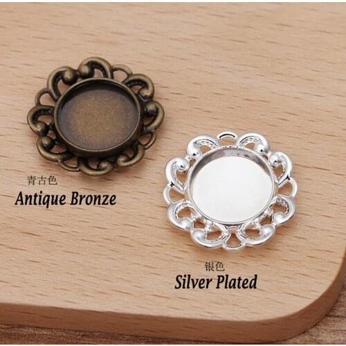 100pcs silver plated antique bronze 20mm filigree flower sheet into 12mm tray bezel blank pendant base cabochon settings