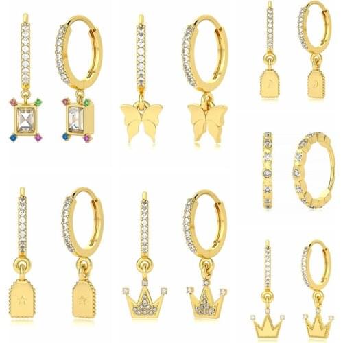 Aide 925 Sterling Silver Zircon Butterfly Pendant Dangle Earrings Square Crystal Plate Star Moon Crown Charm Drop Earrings Gift